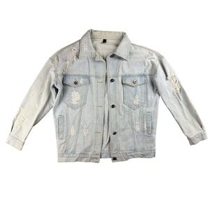 HUIHUI Denim Jacket Women Blue Trucker Distressed Grunge Button Up Streetwear